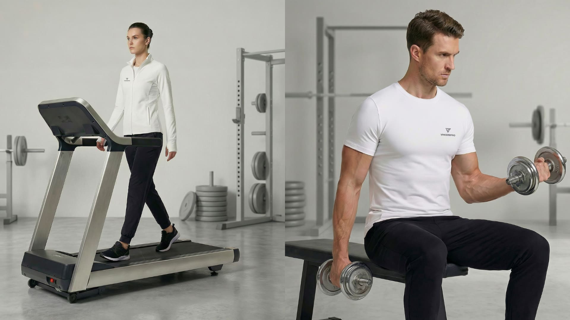 Ženska na tekaški stezi in moški z ročkami v sodobnem fitnesu, oblečena v minimalistična športna oblačila VincerePro, z nevtralnim sivim gym ozadjem in utežmi v prostoru.