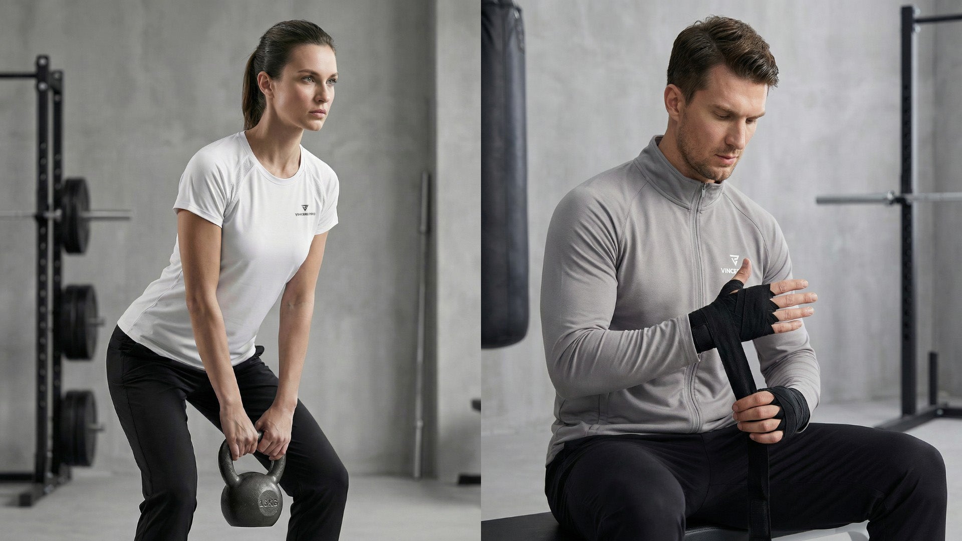 Ženska in moški trenirata v minimalističnem fitnesu v športnih oblačilih VincerePro, kettlebell vaja in priprava zapestja na trening.