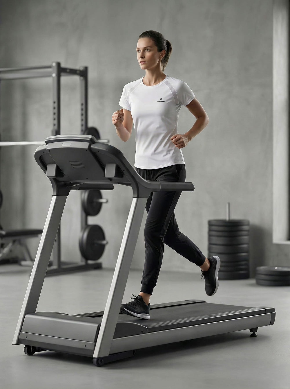 Ženska v beli športni majici VincerePro teče na tekaški stezi v sodobnem minimalističnem fitnesu, z utežmi in squat rackom v zamegljenem ozadju.
